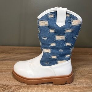 Girls White & Denim Distressed Zip Boots – Size 1
